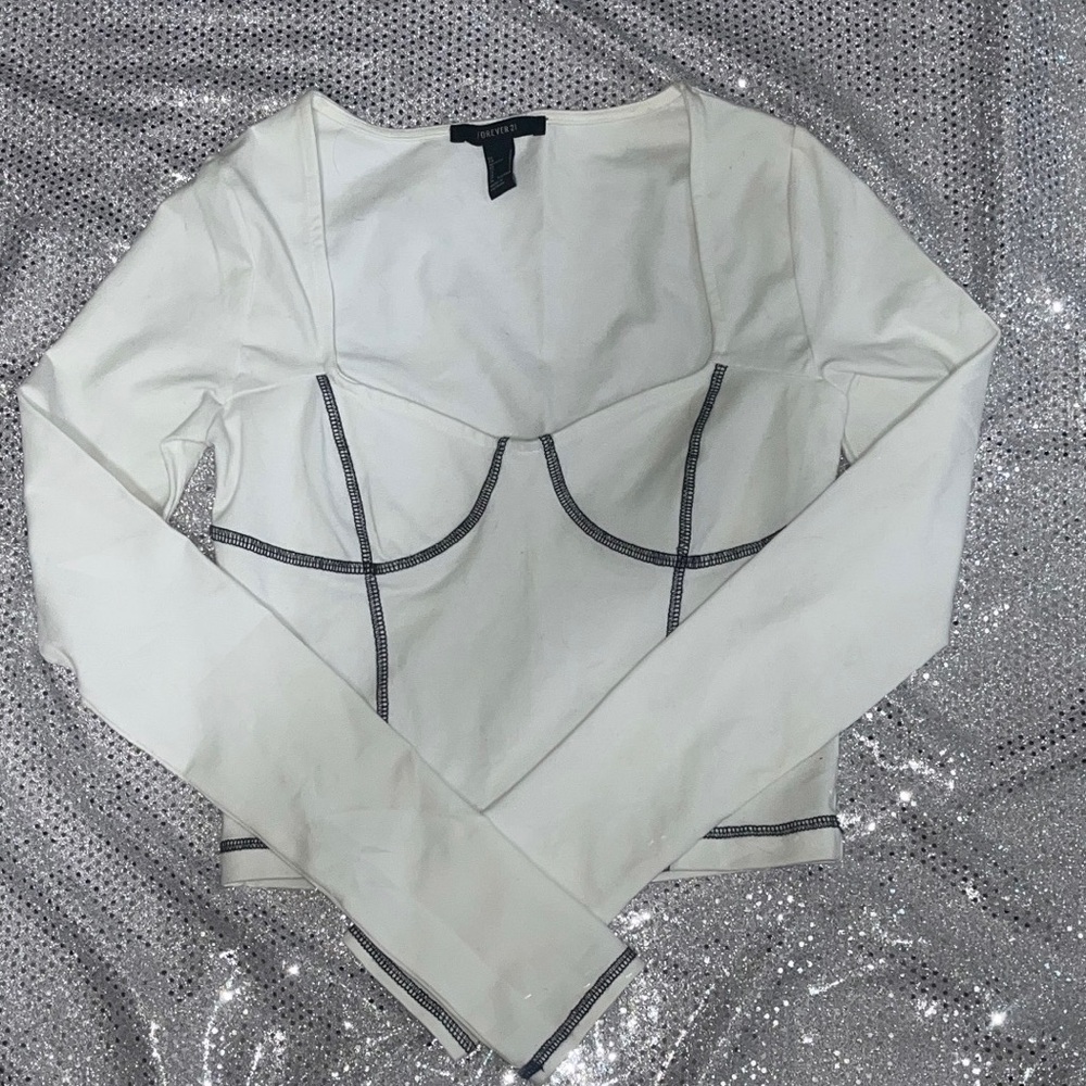 White long sleeve w/ black bustier stitch